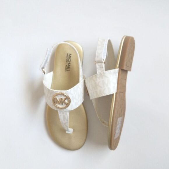 New! MICHAEL KORS Girls Marlie MK Logo T-Strap Sandals Shoe NWOB White Soft Gold - Picture 8 of 13